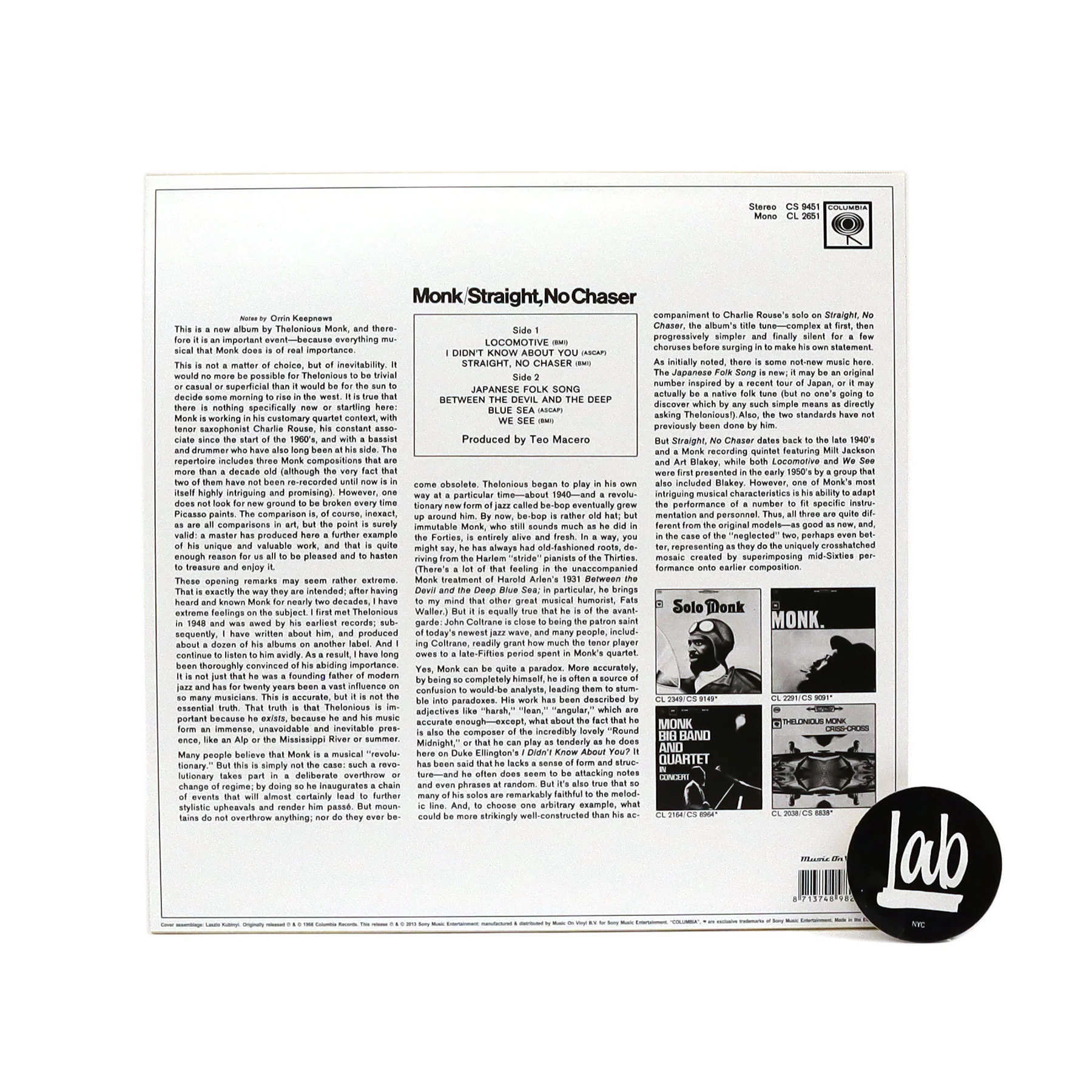 Thelonious Monk: Straight, No Chaser (180g, Import) Vinyl LP - Image 2